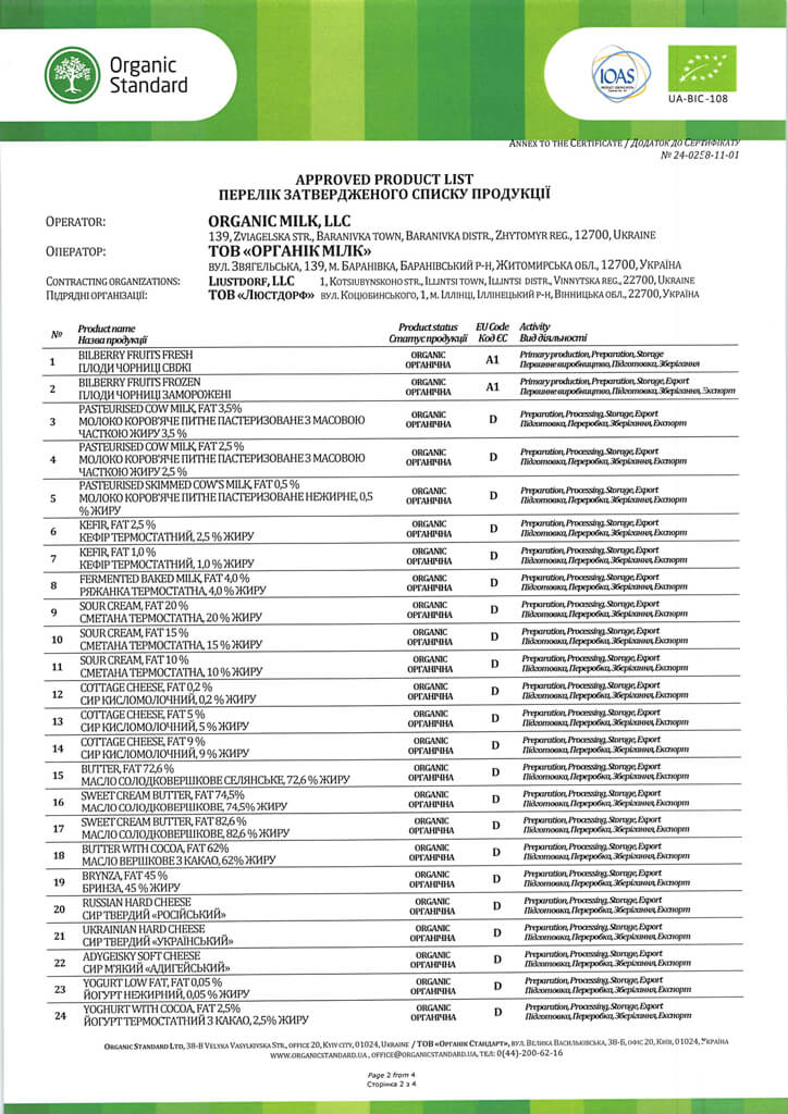 Organic Milk, Organic Standard, Certificate 24-0258-11-01, UA-BIO-108 2024, page 2