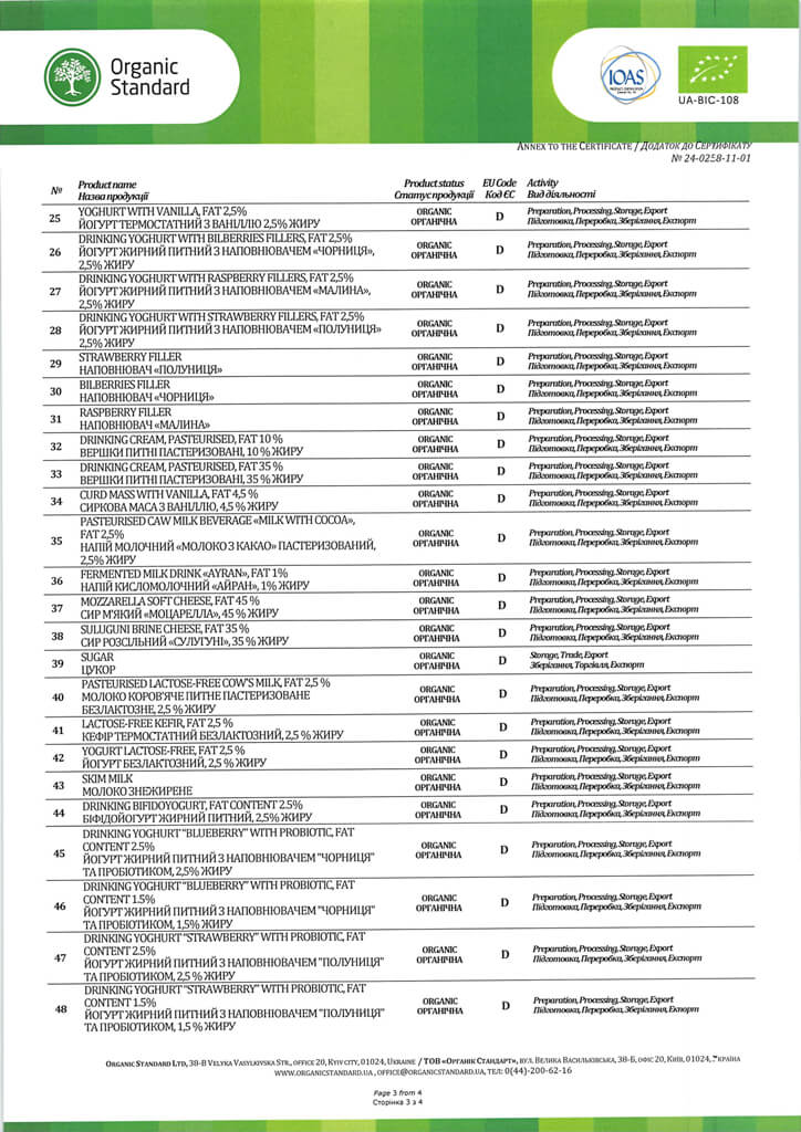 Organic Milk, Organic Standard, Certificate 24-0258-11-01, UA-BIO-108 2024, page 3