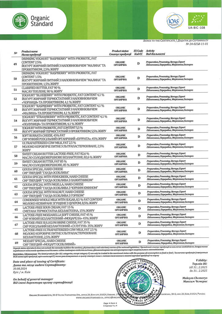 Organic Milk, Organic Standard, Certificate 24-0258-11-01, UA-BIO-108 2024, page 4